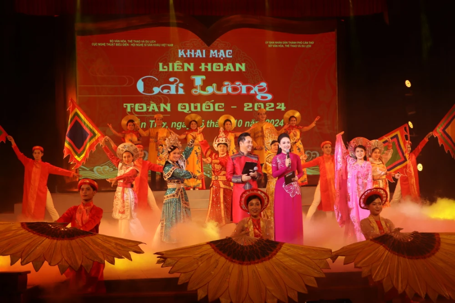A vibrant celebration of Cai Luong National Festival, showcasing traditional costumes, lively performances, and the rich cultural heritage of Vietnam (source: PLO)